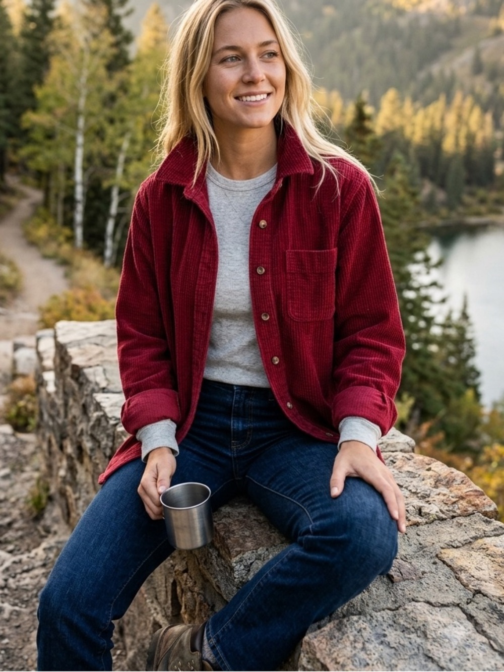 LL Bean Women's Plush Cotton Corduroy Button Down Shirt Size M Red Gorpcore 🔥